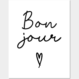 Bonjour Black and White Cursive Word Art Posters and Art